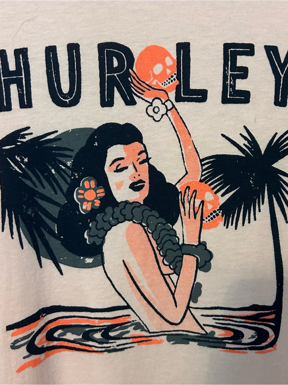 Hurley Hula Hawaiian Girl Skull Pale Pink Cotton Logo Tee Size L